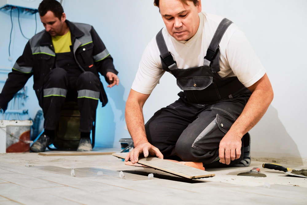 Bodenleger Mitarbeiter verlegt professionell Vinylboden